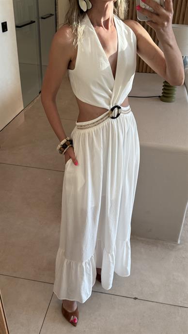 Ekru Eteği Fırfırlı Dekolteli Elbise