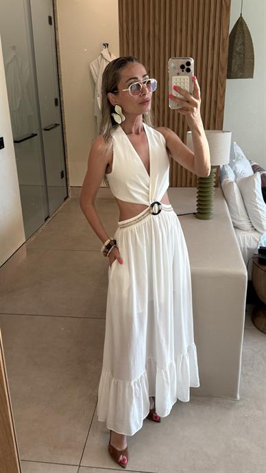 Ekru Eteği Fırfırlı Dekolteli Elbise