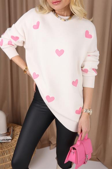 Ekru Kalp Nakışlı Triko Kazak