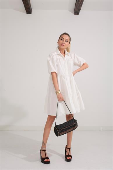 Ekru Katlı Gömlek Elbise