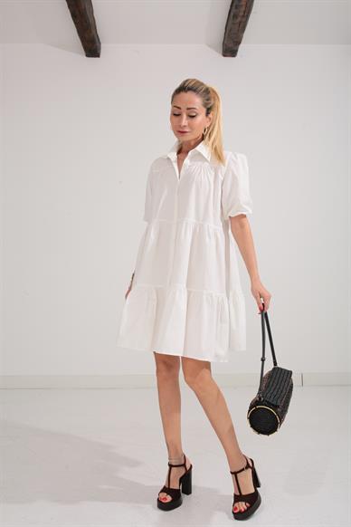 Ekru Katlı Gömlek Elbise
