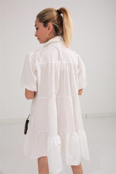Ekru Katlı Gömlek Elbise
