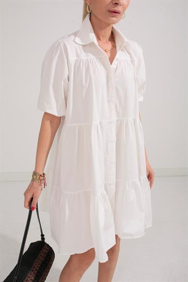Ekru Katlı Gömlek Elbise