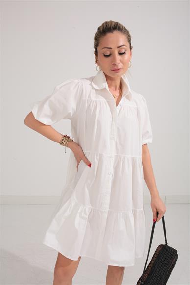 Ekru Katlı Gömlek Elbise