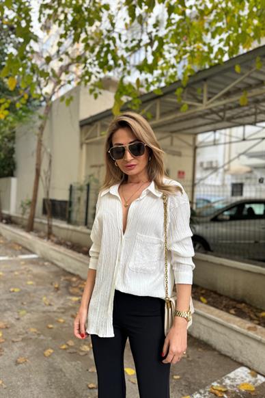 Ekru Krinkıl Oversize Gömlek