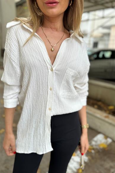 Ekru Krinkıl Oversize Gömlek