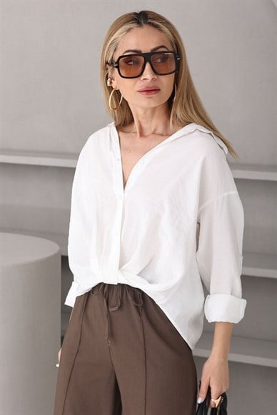 Ekru Önü Düğümlü Tensel Gömlek