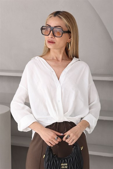 Ekru Önü Düğümlü Tensel Gömlek