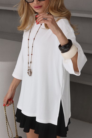 Ekru Oversize Yanı Yırtmaçlı Basic Tshirt