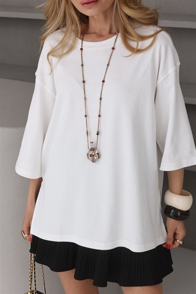 Ekru Oversize Yanı Yırtmaçlı Basic Tshirt