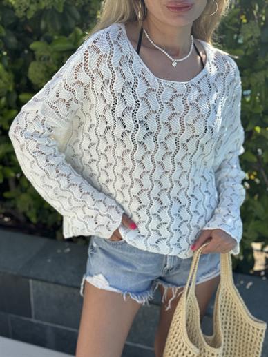 Ekru Oya Desenli Triko Kazak