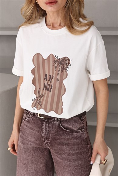 Ekru Palmiye Baskılı Basic Tshirt
