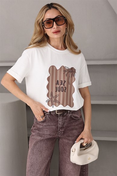 Ekru Palmiye Baskılı Basic Tshirt