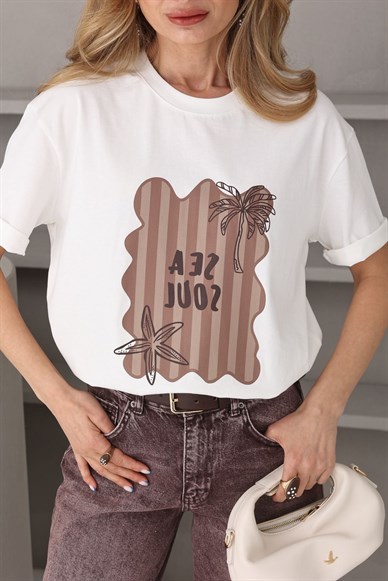 Ekru Palmiye Baskılı Basic Tshirt
