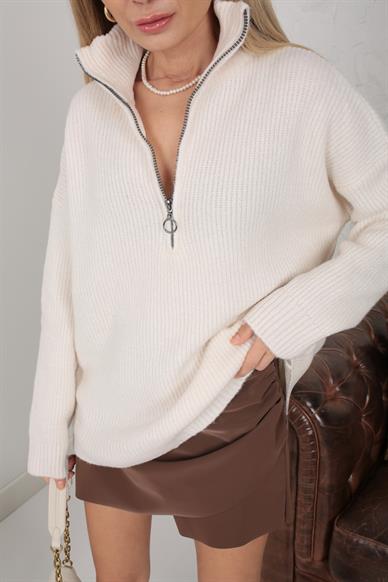 Ekru Selanik Örgü Fermuarlı Kazak