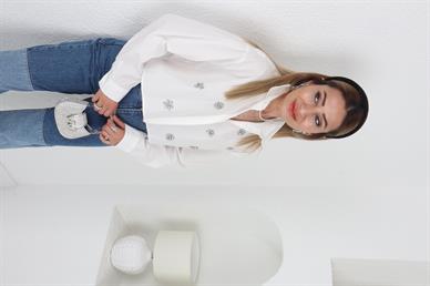 Ekru Taşlı Crop Gömlek