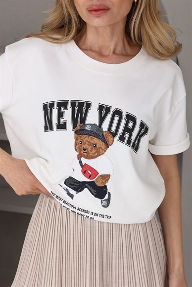 Ekru Teddy Nakışlı Basic Tshirt