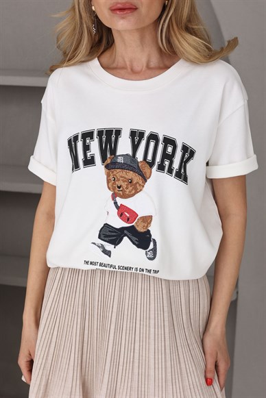 Ekru Teddy Nakışlı Basic Tshirt