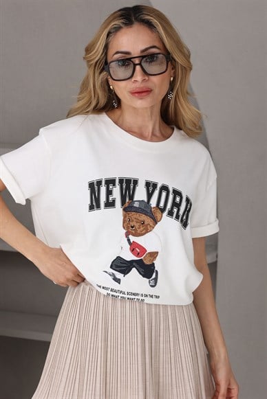 Ekru Teddy Nakışlı Basic Tshirt