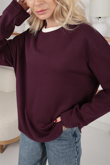 Ekru Yaka Biyeli Bordo Oversize İnce Sweatshirt