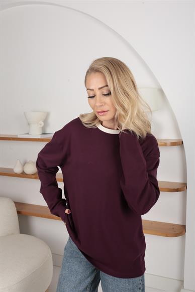 Ekru Yaka Biyeli Bordo Oversize İnce Sweatshirt