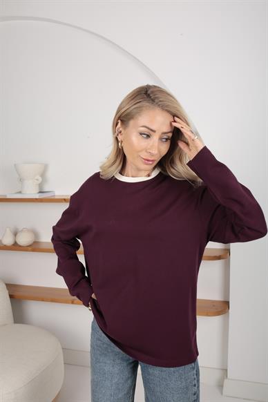 Ekru Yaka Biyeli Bordo Oversize İnce Sweatshirt
