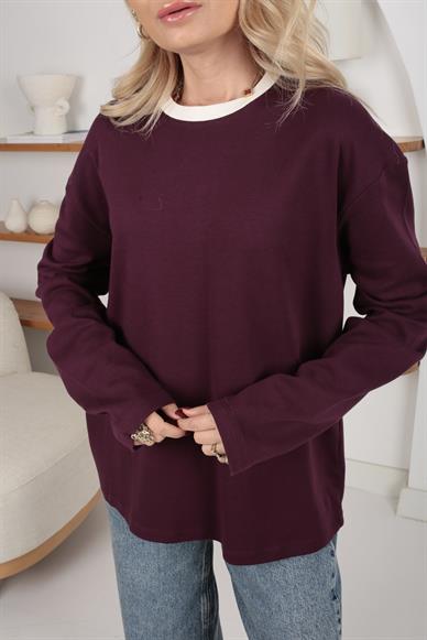 Ekru Yaka Biyeli Bordo Oversize İnce Sweatshirt