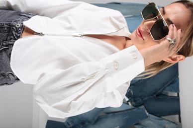 Fermuar Detay  Ekru Crop Gömlek