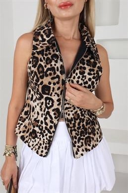 Fermuar Detay Leopar Yelek