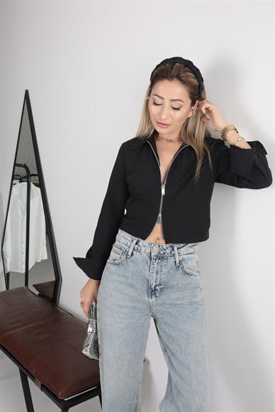 Fermuar Detay  Siyah Crop Gömlek