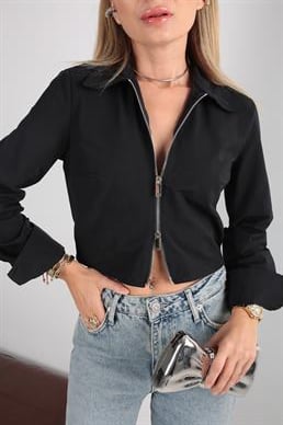 Fermuar Detay  Siyah Crop Gömlek