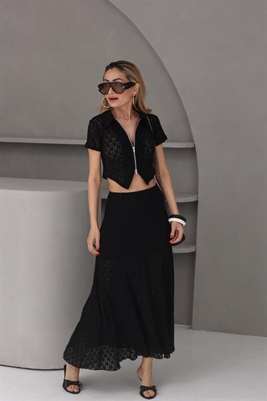 Fermuar Detay Siyah Dantel Bluz