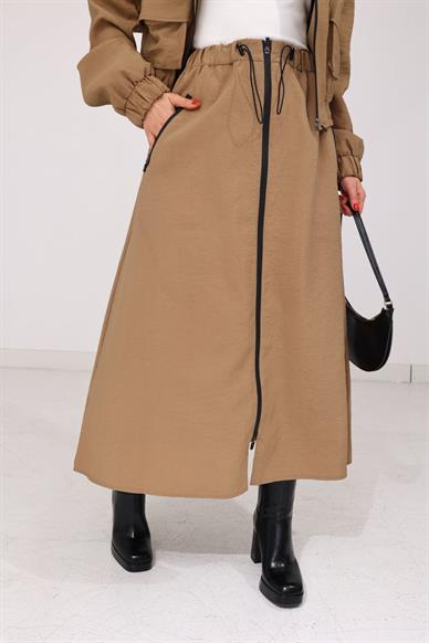 Fermuarlı Camel Paraşüt Etek