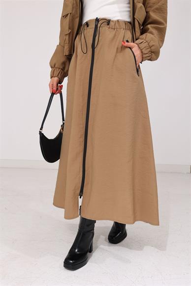 Fermuarlı Camel Paraşüt Etek
