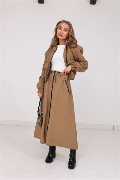 Fermuarlı Camel Paraşüt Etek