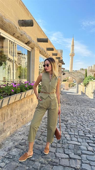 Fermuarlı Şalvar Kesim Haki Yelekli Takım