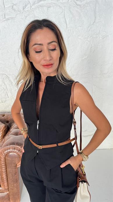 Fermuarlı Şalvar Kesim Siyah Yelekli Takım