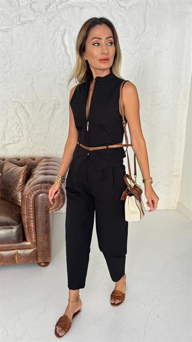 Fermuarlı Şalvar Kesim Siyah Yelekli Takım