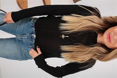 File Örgü Siyah Triko Kazak