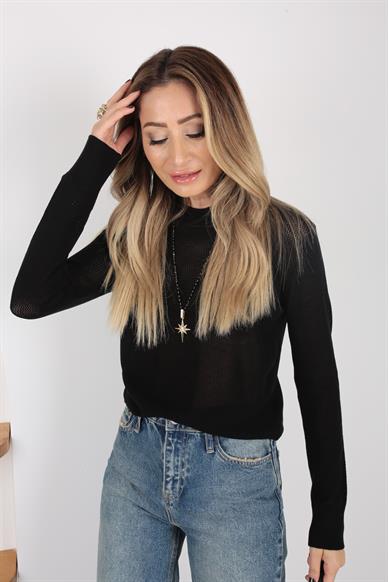 File Örgü Siyah Triko Kazak