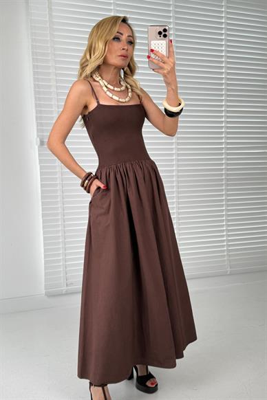 Fitilli Benye Detay Askılı Kahve Elbise