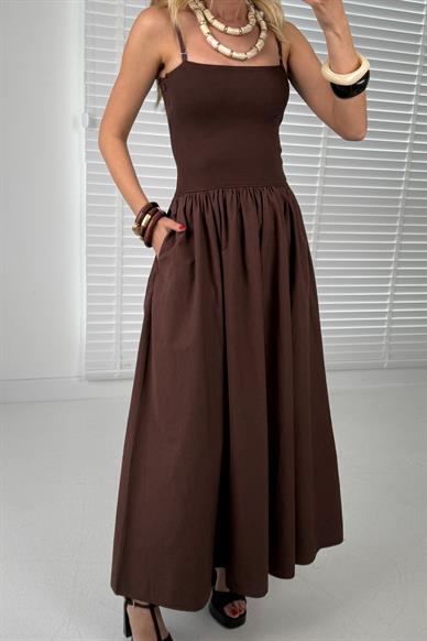 Fitilli Benye Detay Askılı Kahve Elbise