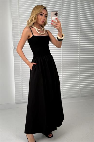 Fitilli Benye Detay Askılı Siyah Elbise