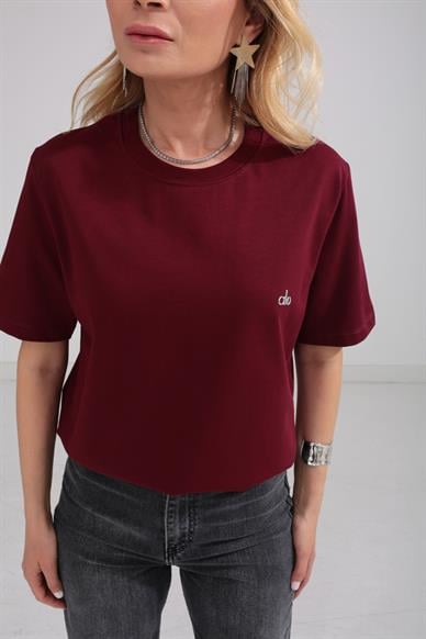 Fitilli Yaka Baskılı Bordo Basic Tshirt