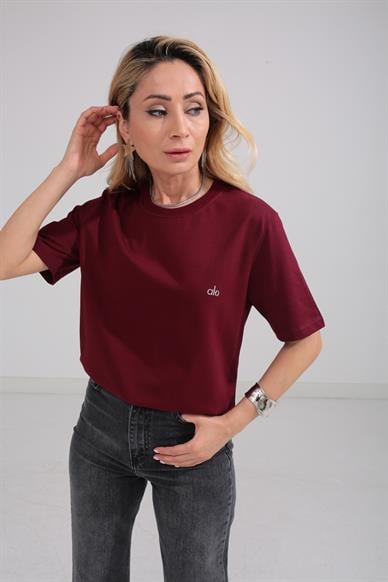Fitilli Yaka Baskılı Bordo Basic Tshirt