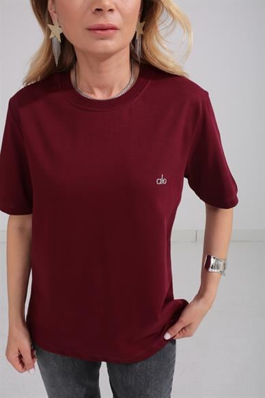 Fitilli Yaka Baskılı Bordo Basic Tshirt