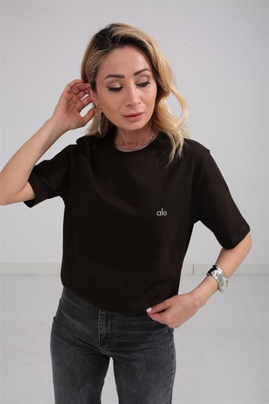Fitilli Yaka Baskılı Kahce Basic Tshirt
