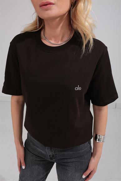 Fitilli Yaka Baskılı Kahce Basic Tshirt