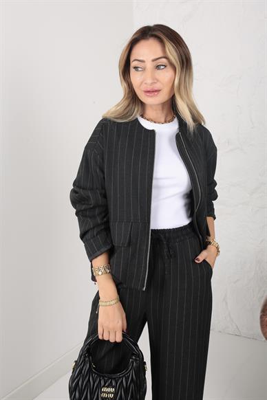 Füme Çizgili Bomber Ceketli Takım