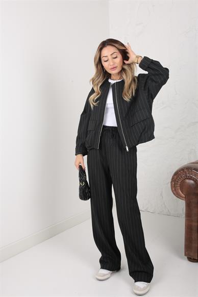 Füme Çizgili Bomber Ceketli Takım